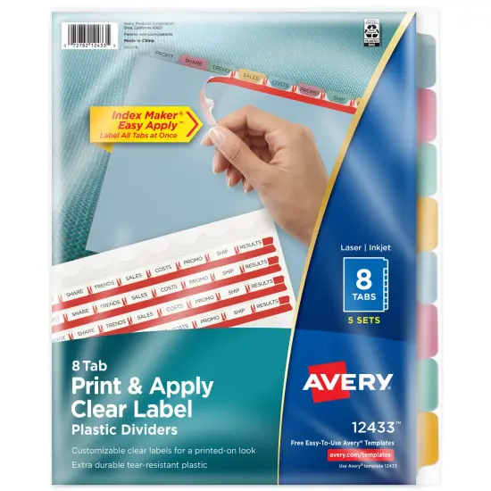 Avery 8 Tab Plastic Dividers for 3 Ring Binder, Easy Print & Apply Clear Label Strip, Index Maker Customizable Multicolor Tabs, 5 Sets (11433) {1}