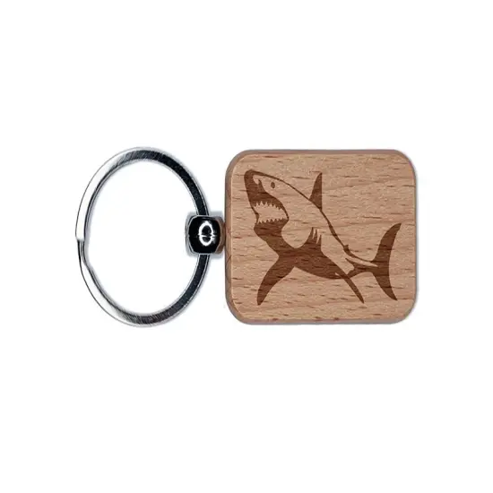 Great White Shark Engraved Wood Rectangle Keychain Tag Charm {1}