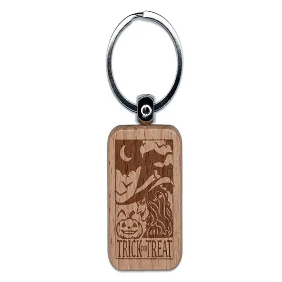 Trick or Treat Witch with Bats and Jack o Lantern Pumpkin Engraved Wood Rectangle Keychain Tag Charm {1}