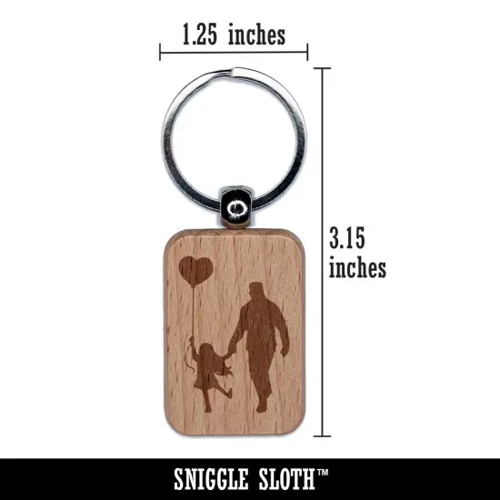 Father and Daughter Parent Silhouette with Heart Balloon Engraved Wood Rectangle Keychain Tag Charm {2}