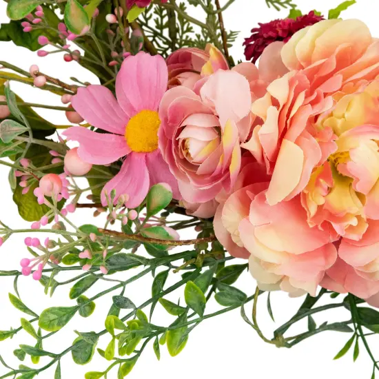 Northlight Bunny and Peony Mixed Floral Wall Hanging Easter Decoration - 16"- Pink {6}