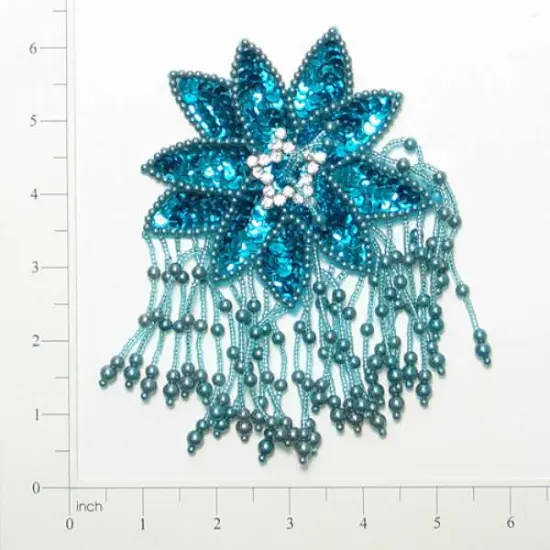 Starburst Beaded Sequin Applique w/ Fringe 6" x 4" AquaBlue {1}
