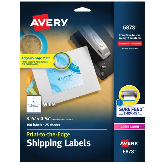 Avery Shipping Labels with Sure Feed for Color Laser Printers, Print-to-the-Edge, 3-3/4" x 4-3/4", 100 White Labels (6878) {1}