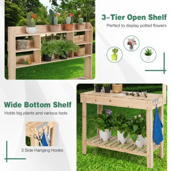 Large Garden Potting Bench Table with Display Rack and Hidden Sink-Natural {2}
