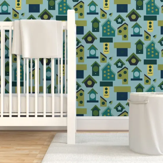Pre-Pasted Wallpaper 2FT Wide Birdhouse Colorful Cheerful Gardening Birding Teal Blue Green Custom Pre-pasted Wallpaper by Spoonflower {7}