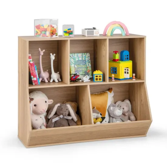 5-Cube Wooden Kids Bookshelf Organizer with 3 Upper Cubes for Books and 2 Large Cubes for Toys White {8}