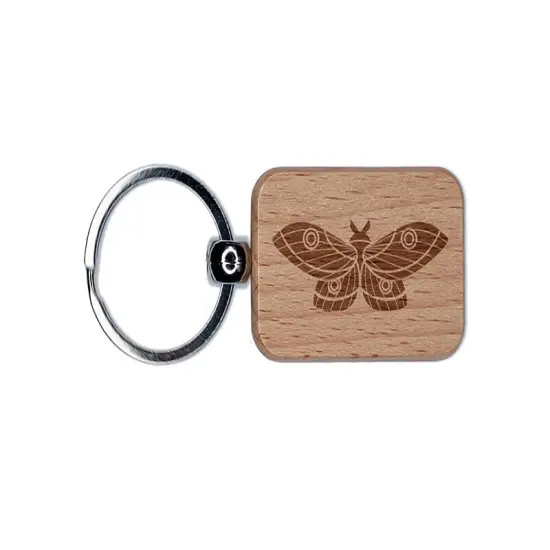 Geometric Moth Butterfly Engraved Wood Rectangle Keychain Tag Charm {1}