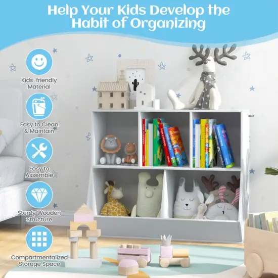 5-Cube Wooden Kids Bookshelf Organizer with 3 Upper Cubes for Books and 2 Large Cubes for Toys White {4}