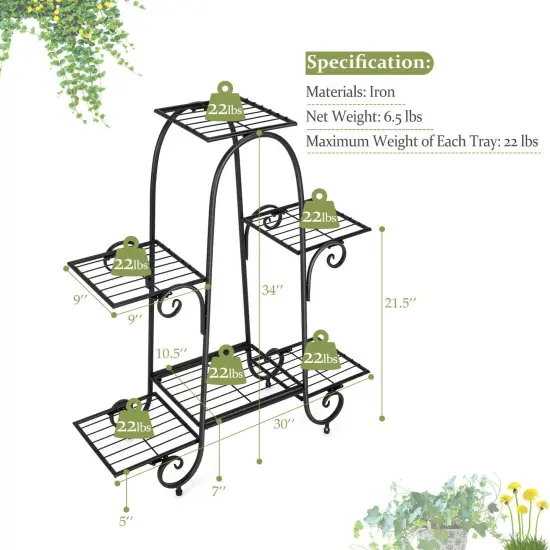 6-Tier Plant Stand with Adjustable Foot Pads-Black {4}
