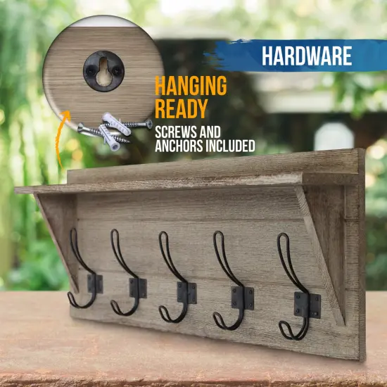 HBCY Creations Rustic Wall Mounted Coat Rack Shelf - Wooden Country Style 24" Entryway Shelf with Hooks - Solid Pine Wood - For Entryway, Kitchen, Bathroom Weathered Brown {2}