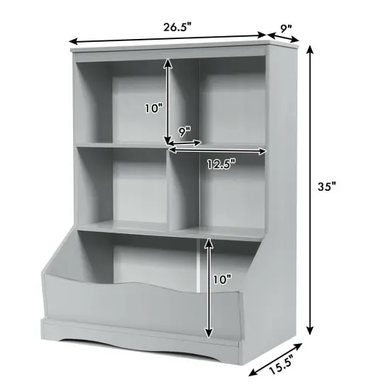 3-Tier Children's Multi-Functional Bookcase Toy Storage Bin Floor Cabinet Grey {5}
