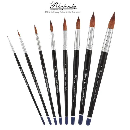 Creative Mark Rhapsody Kolinsky Sable Brushes for Professional Watercolorists- Round Precision Set of 4 Excellent Spring, Full Belly, Split-Proof Points, Chrome Ferrules, Short Handle, English Sizing {7}