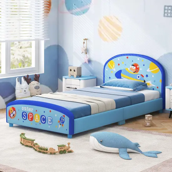Honeyjoy Children Twin Size Upholstered Platform Single Bed with Headboard & Footboard Blue {6}