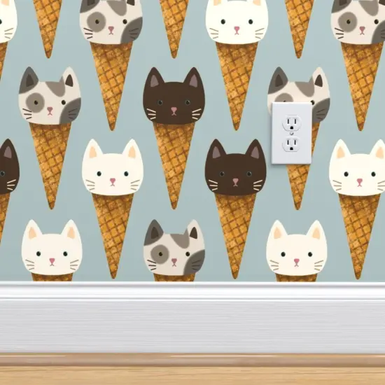 Peel & Stick Wallpaper 2FT Wide Whimsical Cats Ice Cream Cute Kittens Cone Kids Blue Sweet Food Animals Custom Removable Wallpaper by Spoonflower {4}