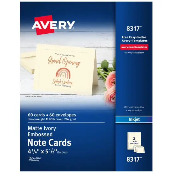 Avery Printable Note Cards with Envelopes, 4.25" x 5.5", Ivory with Embossed Border, 60 Blank Note Cards for Inkjet Printers (8317) {1}