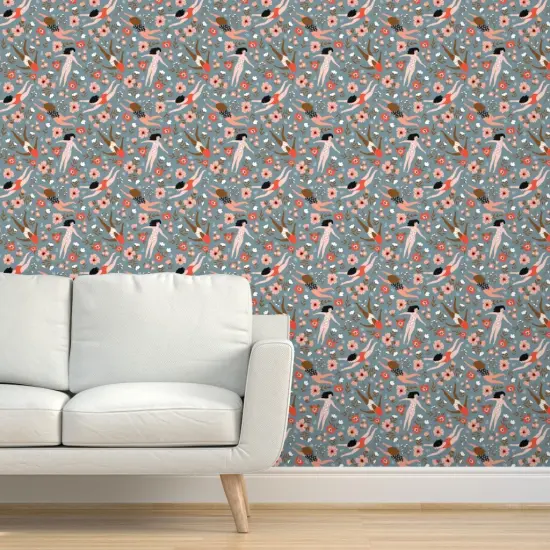 Peel & Stick Wallpaper 2FT Wide Ditsy Floral Whimsical Swim Beach Lake Summer Feminine Small Scale Blue Red Custom Removable Wallpaper by Spoonflower {5}