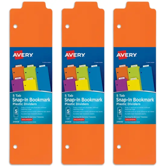 Avery Snap-In Plastic Bookmark Dividers for 3 Ring Binder, White Labels, 1 Assorted Color Set of 5 Tabs, 3 Packs, 15 Page Dividers Total (24908) {1}