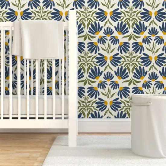 Pre-Pasted Wallpaper 2FT Wide Echinacea Botanical Tile Wildflower Blue Yellow Gold Coneflowers Native Species Custom Pre-pasted Wallpaper by Spoonflower {7}