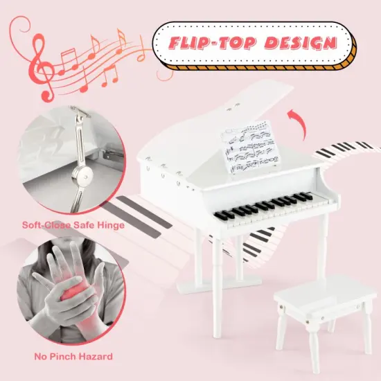 MDF and Birch Kids Classical Piano with Bench, Music Stand and Safe Design White {5}