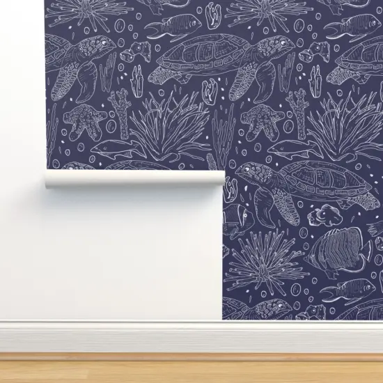 Pre-Pasted Wallpaper 2FT Wide Blue Fish Turtles Line Drawing And White Sea Creatures Life Coastal Navy Underwater Animals Chic Beach House Custom Pre-pasted Wallpaper by Spoonflower {2}
