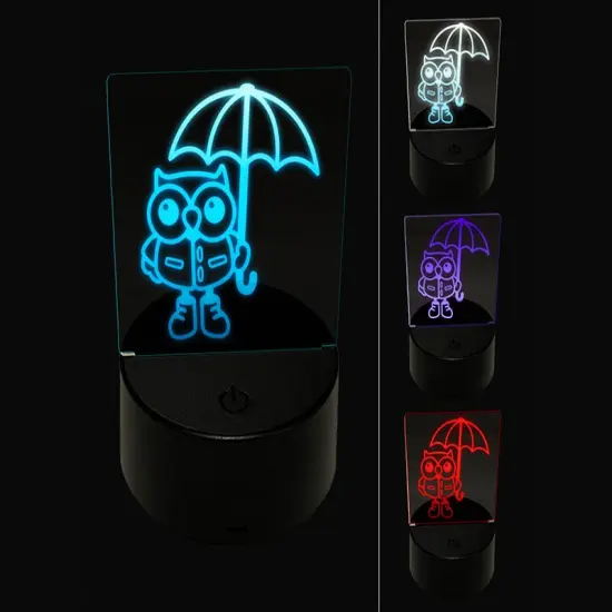 Owl with Umbrella Ready for the Rain 3D Illusion LED Night Light Sign Nightstand Desk Lamp {1}