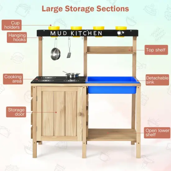 Outdoor Mud Kids Kitchen Playset Wooden Pretend Play Toy with Kitchenware {6}