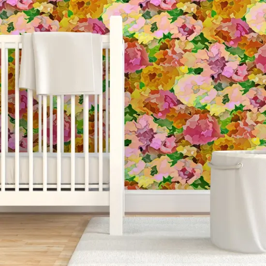 Pre-Pasted Wallpaper 2FT Wide Pink Floral Botanical Water Color Summer Spring Flowers Garden Meadow Impressionist Custom Pre-pasted Wallpaper by Spoonflower {7}