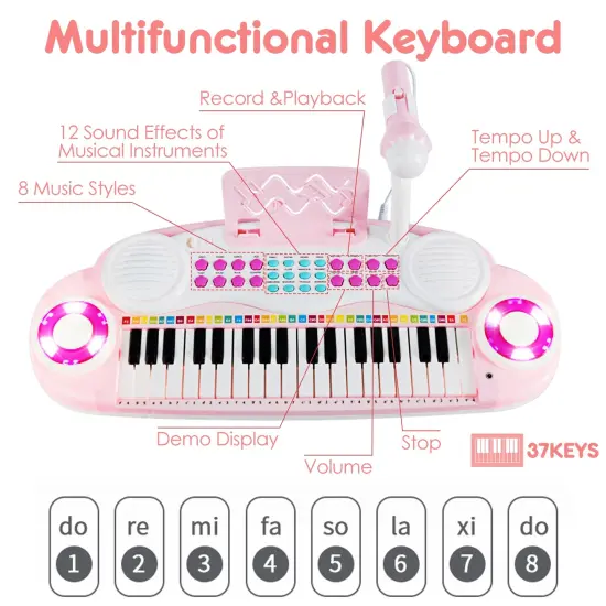 37-Key Kids Electronic Piano Keyboard Play-set with Microphone and Fun Flash Light Pink {3}