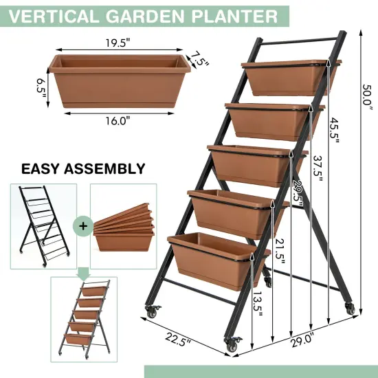 5-Tier Vertical Raised Garden Bed with Wheels and Container Boxes-Brown {3}