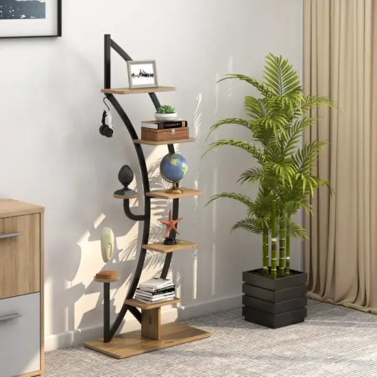 6 Tier 9 Potted Metal Plant Stand Holder Display Shelf with Hook Natural {6}