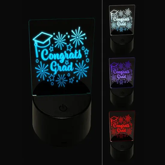 Congrats Grad Graduate Graduation Cap Fireworks Stars 3D Illusion LED Night Light Sign Nightstand Desk Lamp {1}