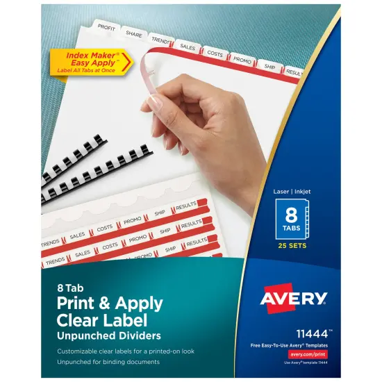 Avery 8 Tab Unpunched Dividers for Use with Any Binding System, Easy Print & Apply Clear Label Strip, Index Maker Customizable White Tabs, 25 Sets (11444) {1}