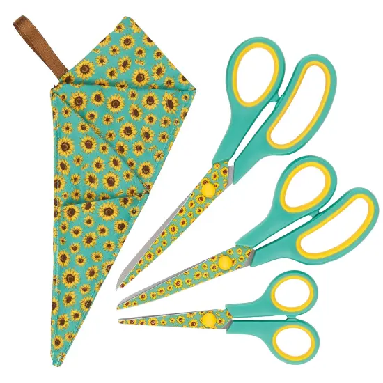 Special Gift Box Soft Grip Sunflowers Scissors Set - 3 Sizes - Handmade Fabric Case - All-Purpose Crafts, Office & School - Stainless Steel {1}