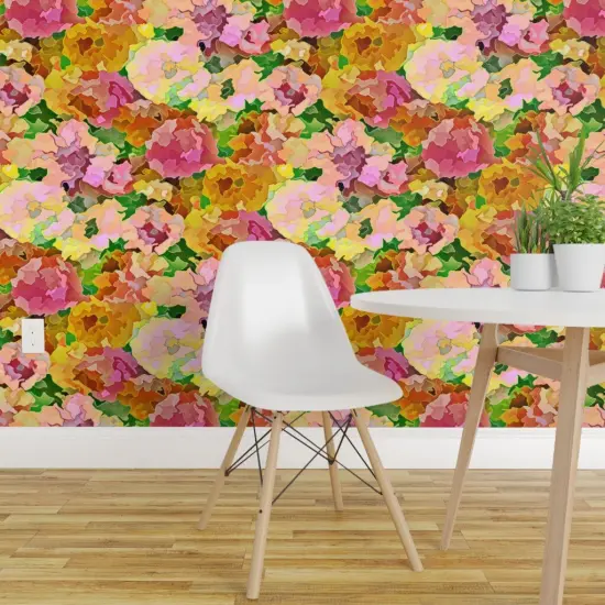 Pre-Pasted Wallpaper 2FT Wide Pink Floral Botanical Water Color Summer Spring Flowers Garden Meadow Impressionist Custom Pre-pasted Wallpaper by Spoonflower {1}