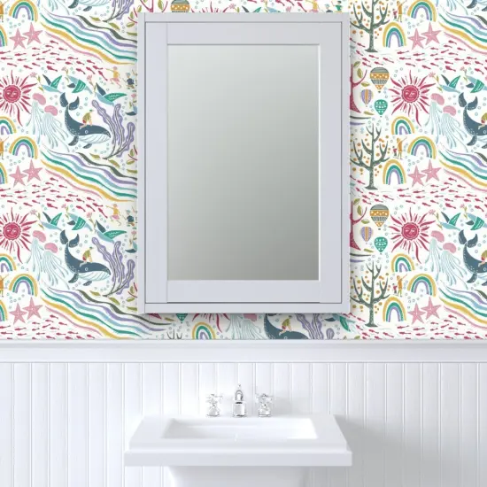 Pre-Pasted Wallpaper 2FT Wide Under The Sea Blue Pink Purple Whale Sun Sea Creatures Custom Pre-pasted Wallpaper by Spoonflower {6}