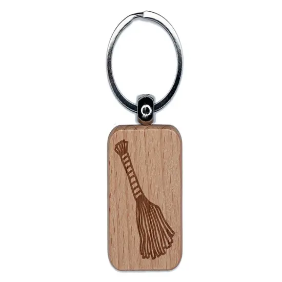 Broom Stick Krampus Witch Halloween Christmas Engraved Wood Rectangle Keychain Tag Charm {1}
