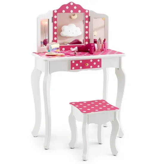 Kids Vanity Table and Stool Set with Cute Polka Dot Print-Pink {5}