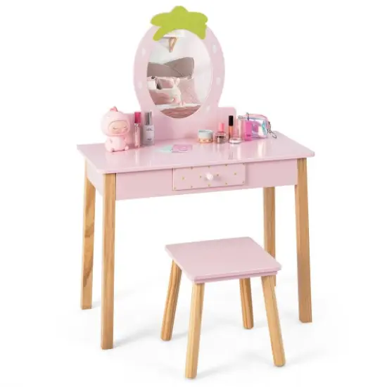 2-in-1 Children Vanity Table Stool Set with Mirror-Pink {1}
