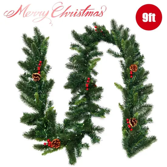 9 Feet Pre-lit Artificial Christmas Garland Red Berries with LED {5}
