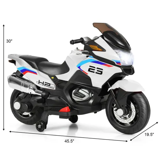 Iron Kids Ride-On Motorcycle with LED, Music and Training Wheels White {4}