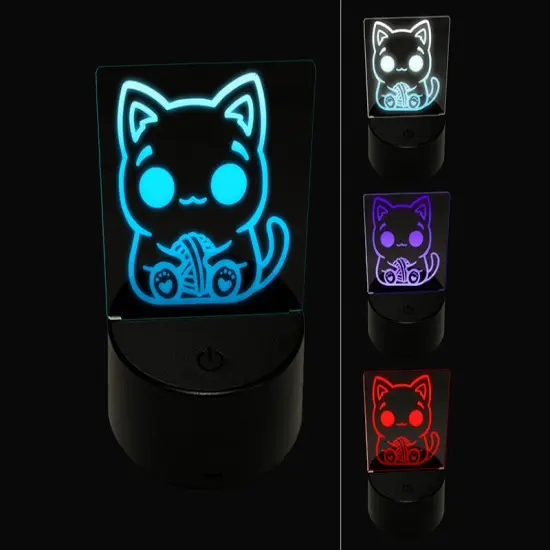 Content Kawaii Chibi Sitting Cat with Ball of Yarn 3D Illusion LED Night Light Sign Nightstand Desk Lamp {1}