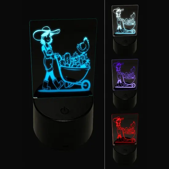 Gardener Farmer Girl with Wheelbarrow of Fruits Vegetables Chicken 3D Illusion LED Night Light Sign Nightstand Desk Lamp {1}