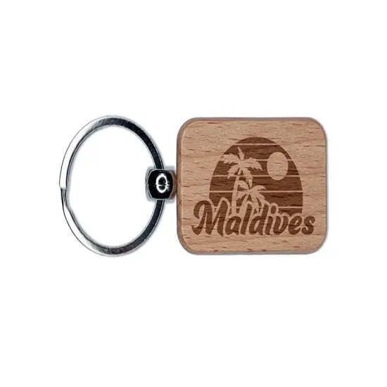 Maldives Destination Tropical Sunset with Palm Trees Engraved Wood Rectangle Keychain Tag Charm {1}