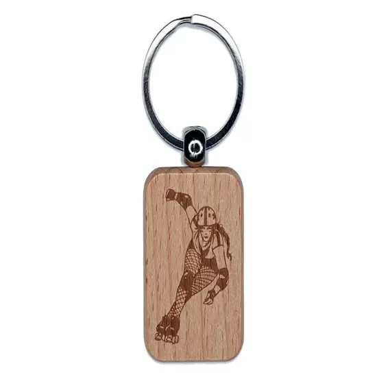 Roller Derby Girl Skates Skater Engraved Wood Rectangle Keychain Tag Charm {1}