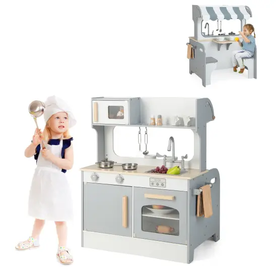 Double Sided Kids Pretend Kitchen Playset with 2-Seat Cafe-grey {2}