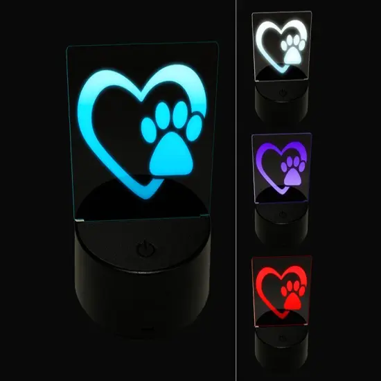 Heart with Paw Print 3D Illusion LED Night Light Sign Nightstand Desk Lamp {1}