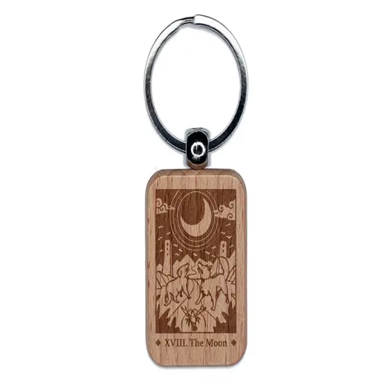 Tarot The Moon Card Major Arcana Engraved Wood Rectangle Keychain Tag Charm {1}
