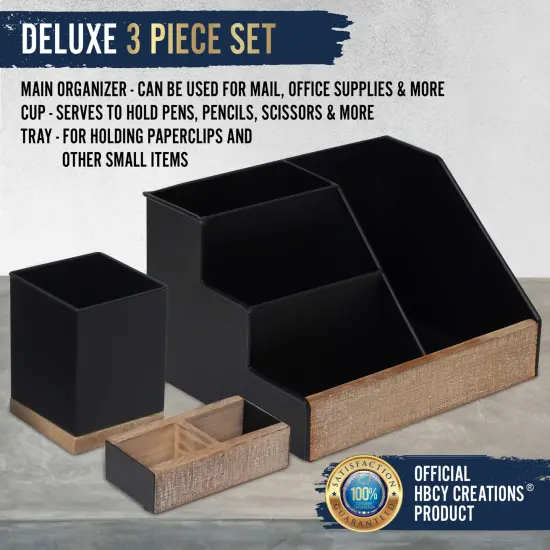 HBCY Creations 3 PIECE Desk Organizer Set- Rustic Mail Organizer For Desktop - Great For Rustic or Industrial Decor! Makeup Organizer For Vanity Black {2}