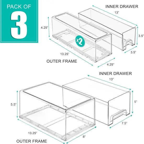 Sorbus 3 Piece (2 Small and 1 Large) Clear Stackable Pull-Out Drawers - Organization and Storage Containers for Kitchen, Pantry, Bathroom and More {4}