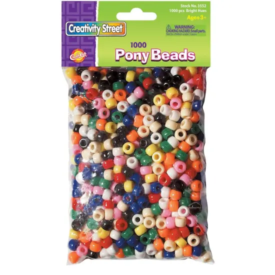 Pony Beads, Assorted Bright Hues, 6 mm x 9 mm, 1000 Per Pack, 3 Packs {3}